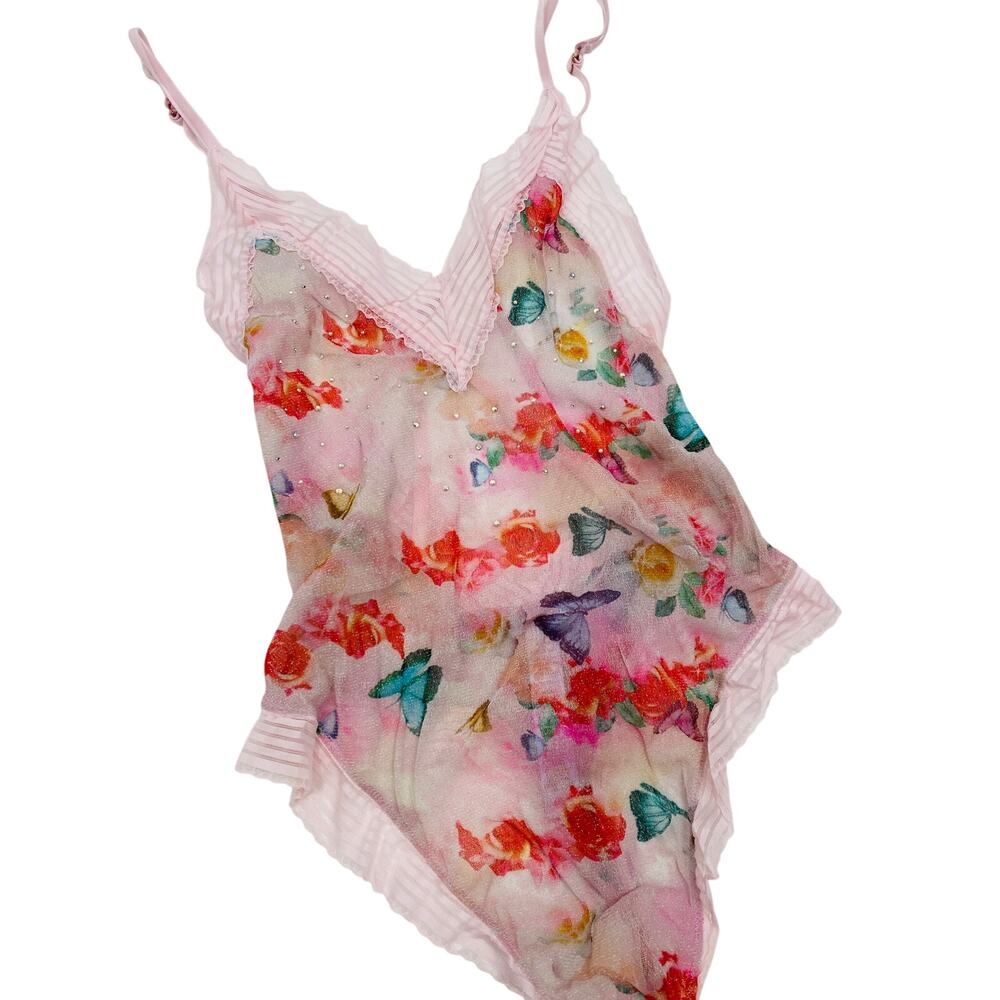 Savage x Fenty Lace mesh pink floral bodysuit lingerie
